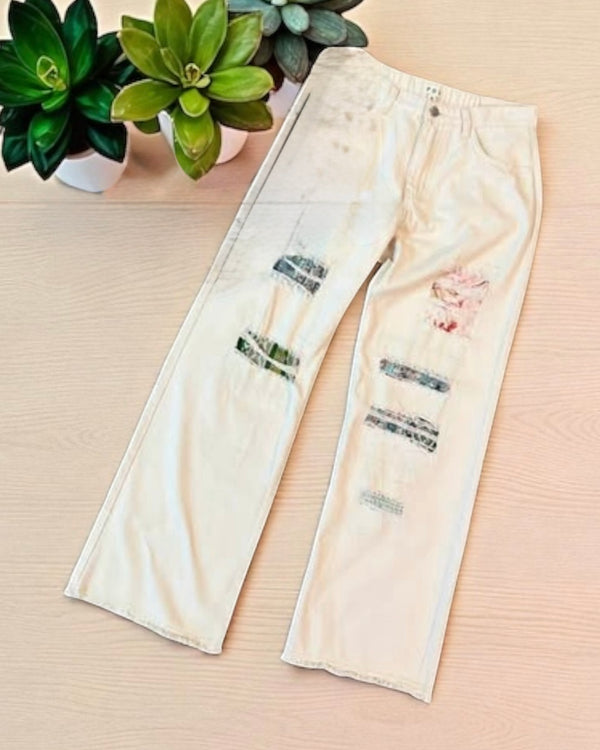 Cream Off White Boho Patch Straight Leg Frayed Hem Pant