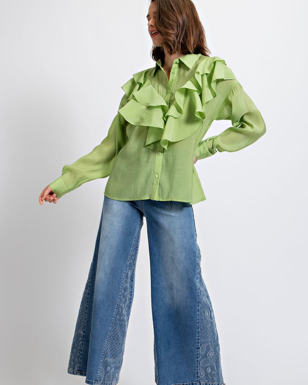 Lime Green Ruffle Front Silky Viole Button Down Long Sleeve Top