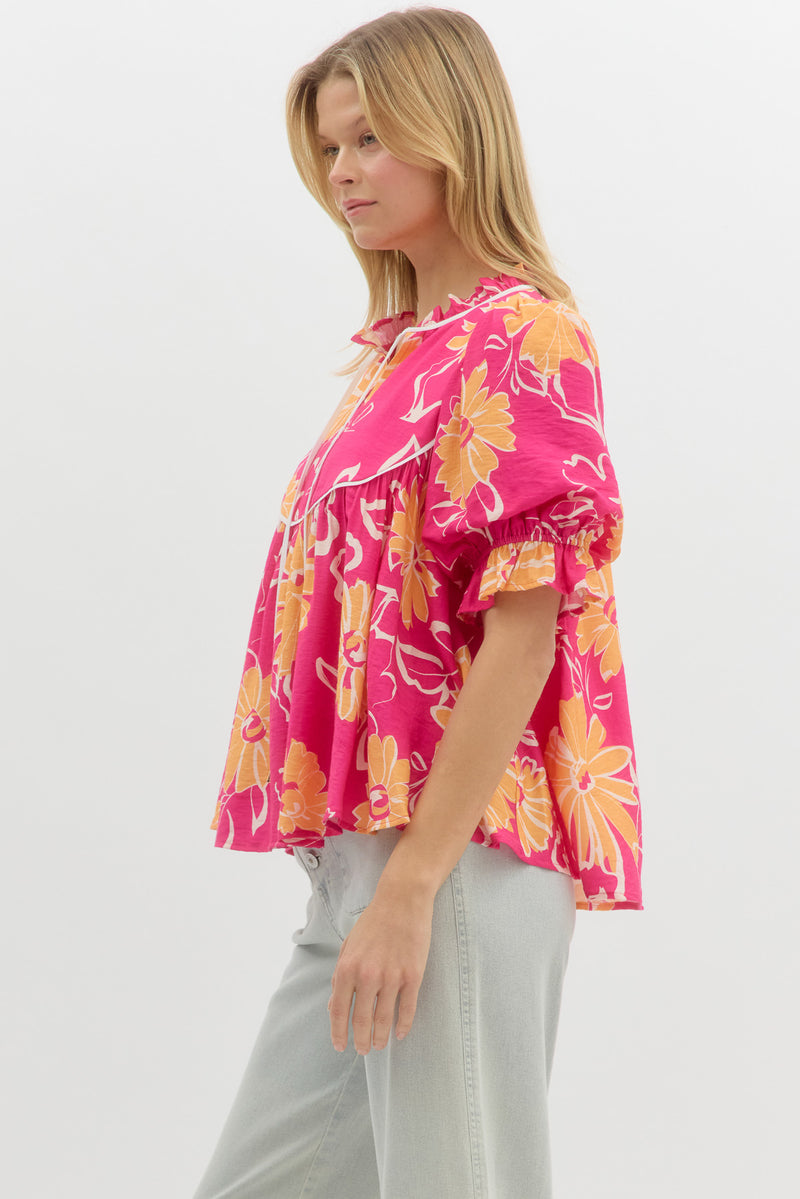 Pink Bold Floral Print Ruffe Neck Puff Short Sleeve Top