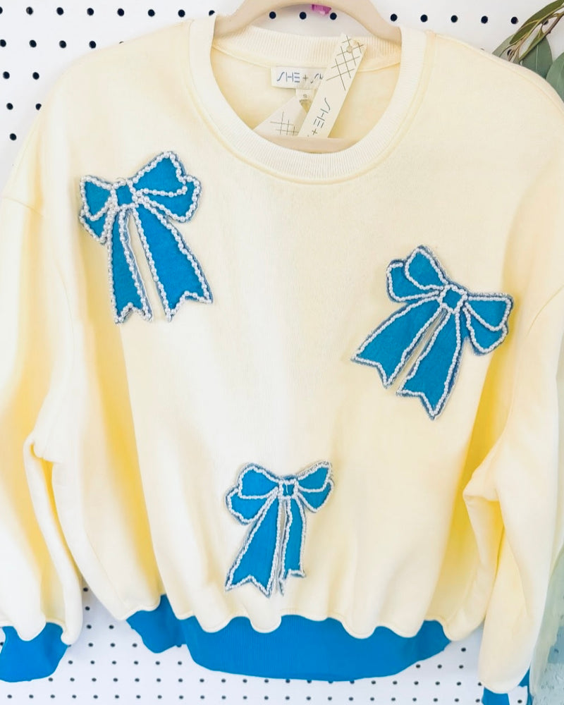 Cream & Blue Pearl Embellished Denim Ribbon Bow Patch Long Sleeve Sweatshirt