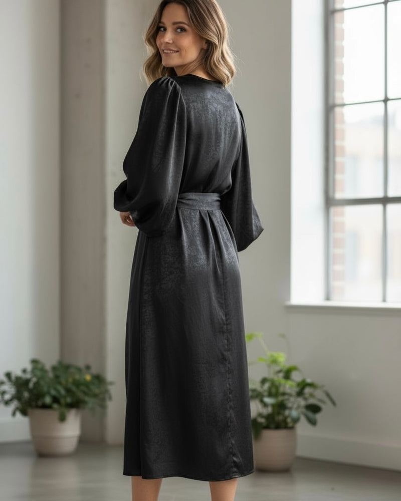 Long Black Satin Elastic Waist Long Sleeve Dress