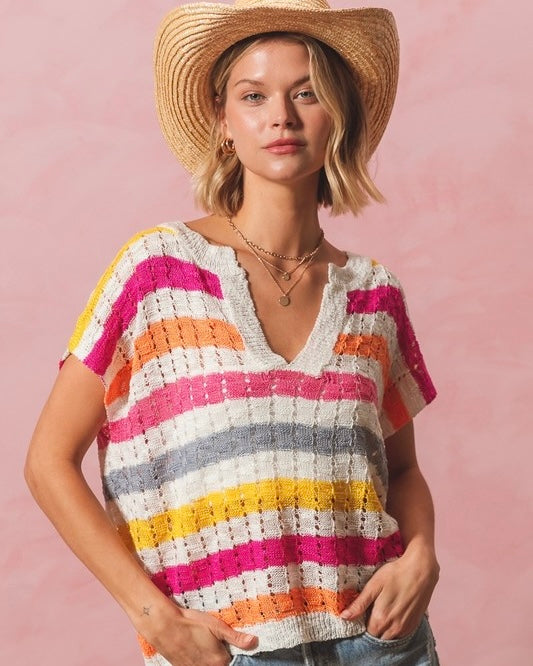 Multi Color Bold Stripe Dolman Short Sleeve Lightweight Knit Sweater Top