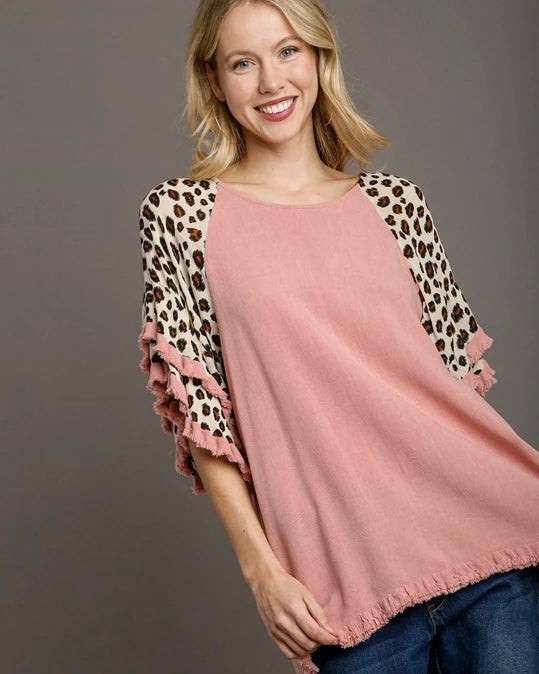 Blush Pink or Lilac 3/4 Double Ruffle Animal Leopard Trim Bell Sleeve Top