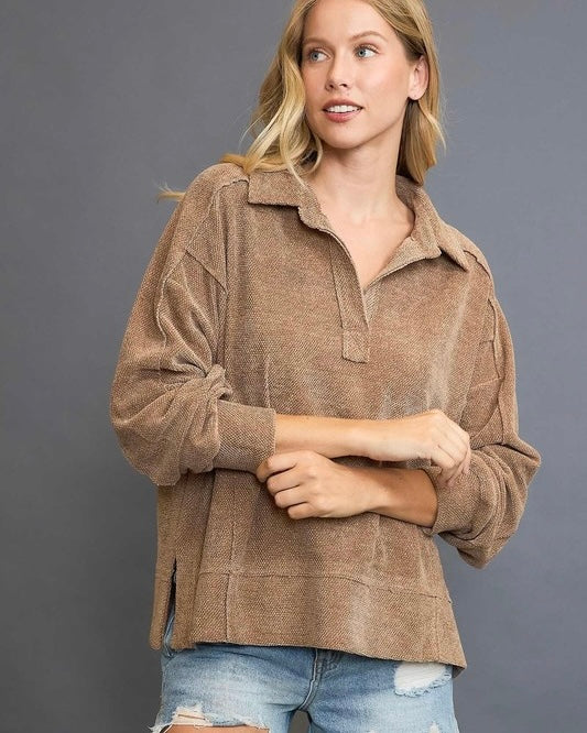 Mocha Brown Chenille Long Sleeve Open Collar Top