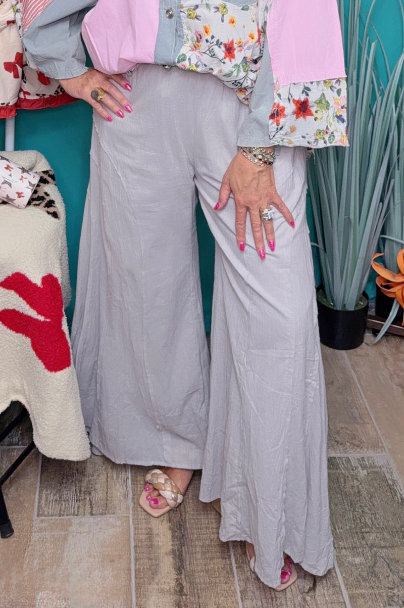 Khaki Gray Wide Flare Leg Elastic Waist Crinkle Pants