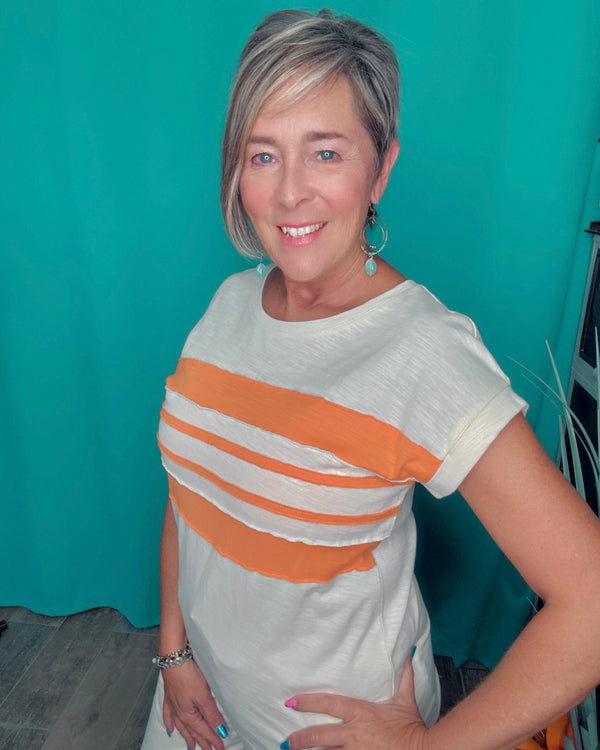 Cream Orange Stripe Short Sleeve Pullover Top