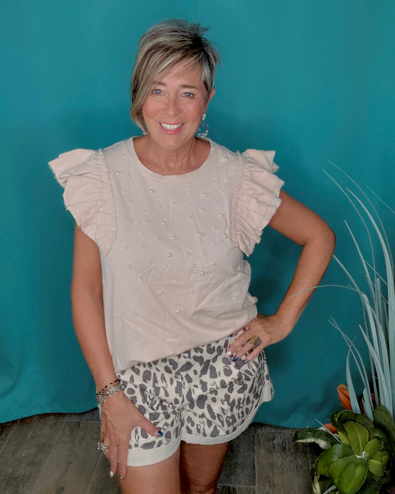 Natural Cream French Terry Round Neck Ruffle Cap Sleeve Pearl Embellished Top