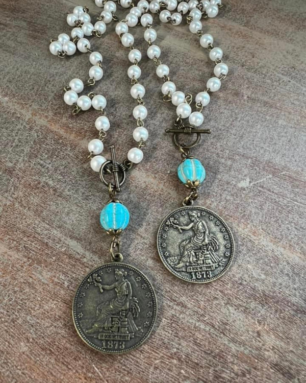 Short Pearl Strand Beads with Single Turquoise Bead and Coin Pendant Necklace
