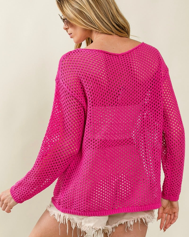 Pink "Vacay Mode" Embroidered Pointelle Knit Cover UP Top