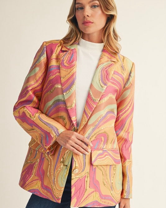 Multicolor Abstract Jacquard Long Sleeve Lined Blazer