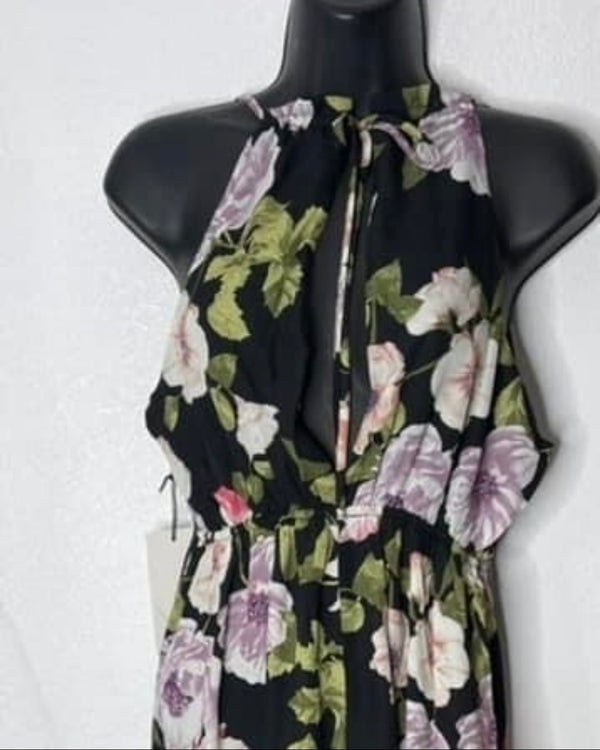 Black & White Floral Halter Tie Keyhole Maxi Dress