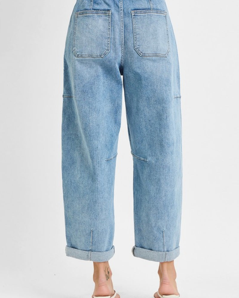 Risen High Rise Crop Wide Barrel Cargo Pocket Denim Jean Pants