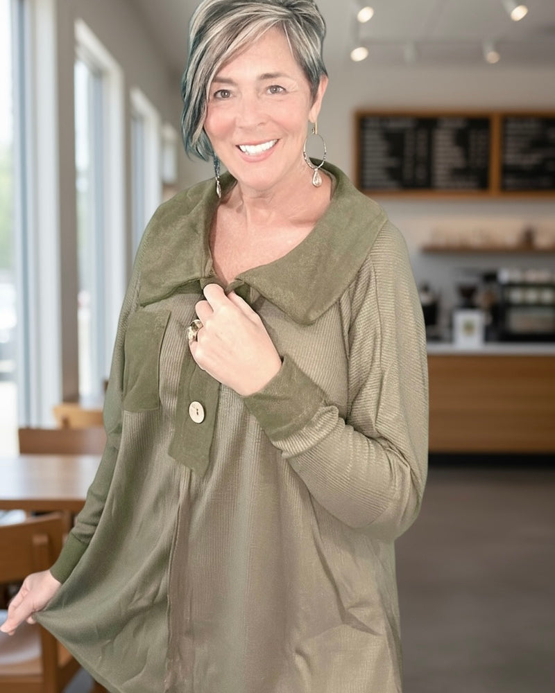 Casual Olive Green Waffle Texture Lightweight Knit Long Sleeve Tunic Top