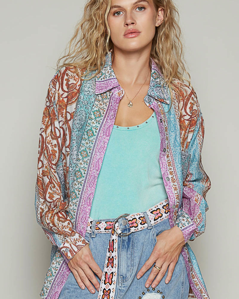 Multicolor Blue Mix Media Button Down Long Sleeve Top