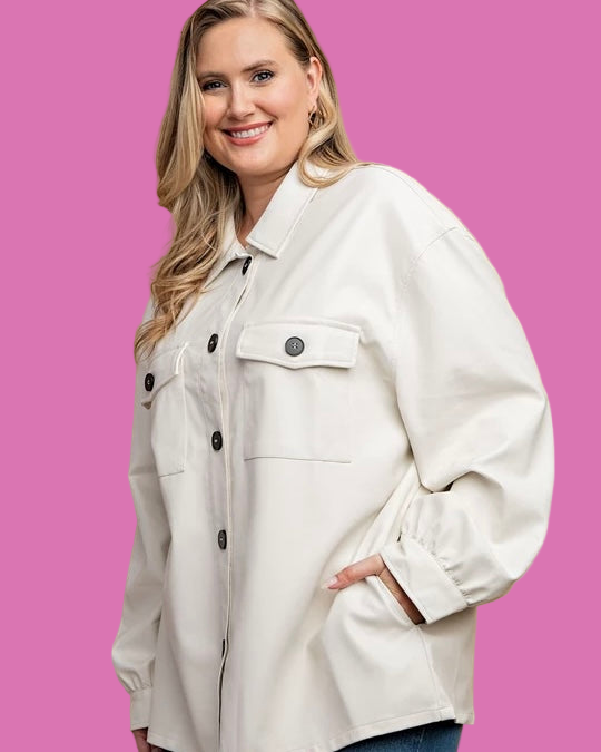 Plus Size White Faux Leather Button Down Side Pockets Jacket