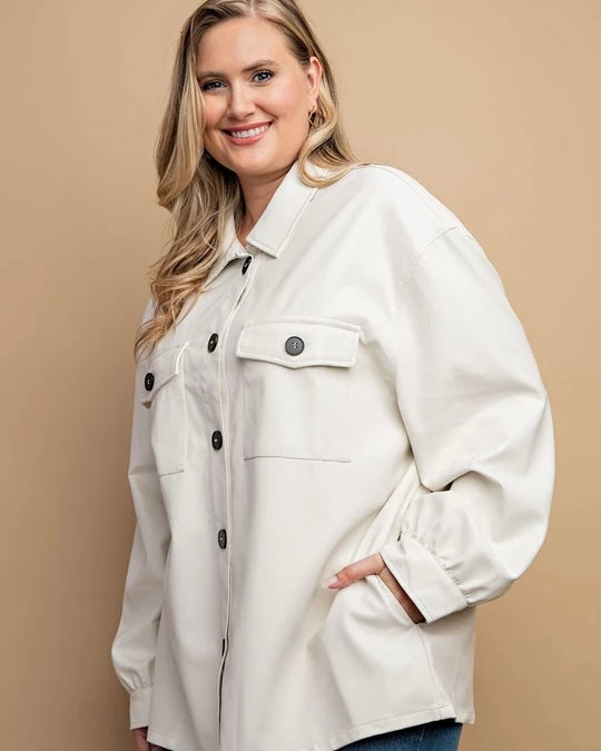 Plus Size White Faux Leather Button Down Side Pockets Jacket