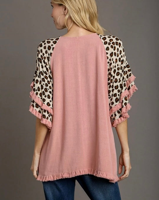 Blush Pink or Lilac 3/4 Double Ruffle Animal Leopard Trim Bell Sleeve Top