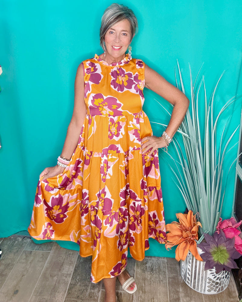 Orange & Purple Flower Print Cap Sleeve Ruffle Neck Midi Dress