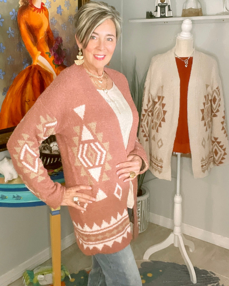 Terra Cotta/Brick or Cream Aztec Sweater Cardigan