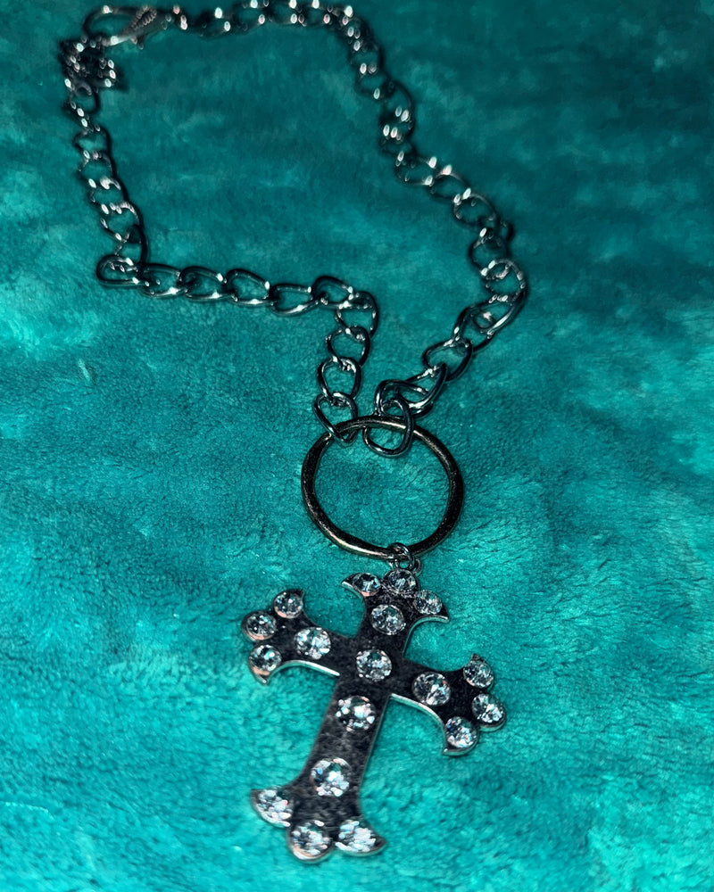 Silver Chain Link Cross Rhinestone Pendant Necklace