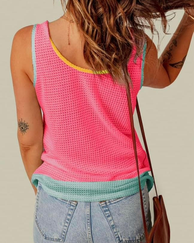 Hot Pink Blue Pocket Waffle Tank Top with Color Trim Top