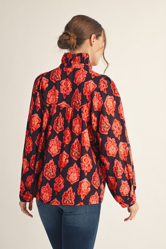 Eggplant & Orange Damask Print Long Sleeve Hi Ruffle Neck Tie Top