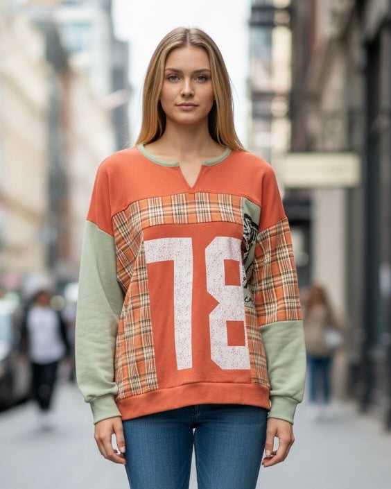 Terra Cotta & Green Contrast Plaid Long Sleeve Pullover Top