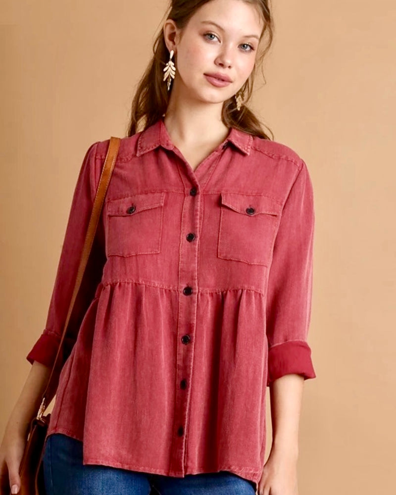 Brick Red Acid Wash Button Down Babydoll Long Sleeve Top