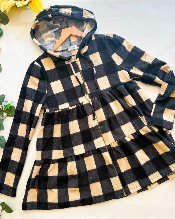 Black & White Checkered Plaid Drawstring Hoodie Zip Front Dress Jacket