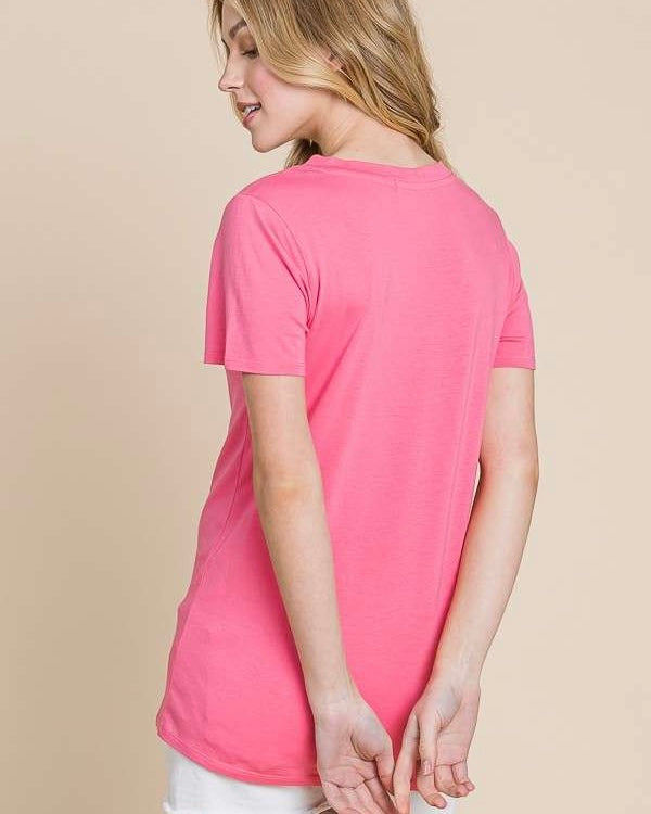 Pink Casual V-Neck Short Sleeve Casual TShirt