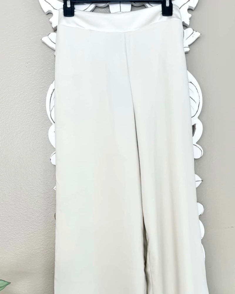 Ivory Off White Wide Leg Elastic Back Formal Dress Pocket Pants