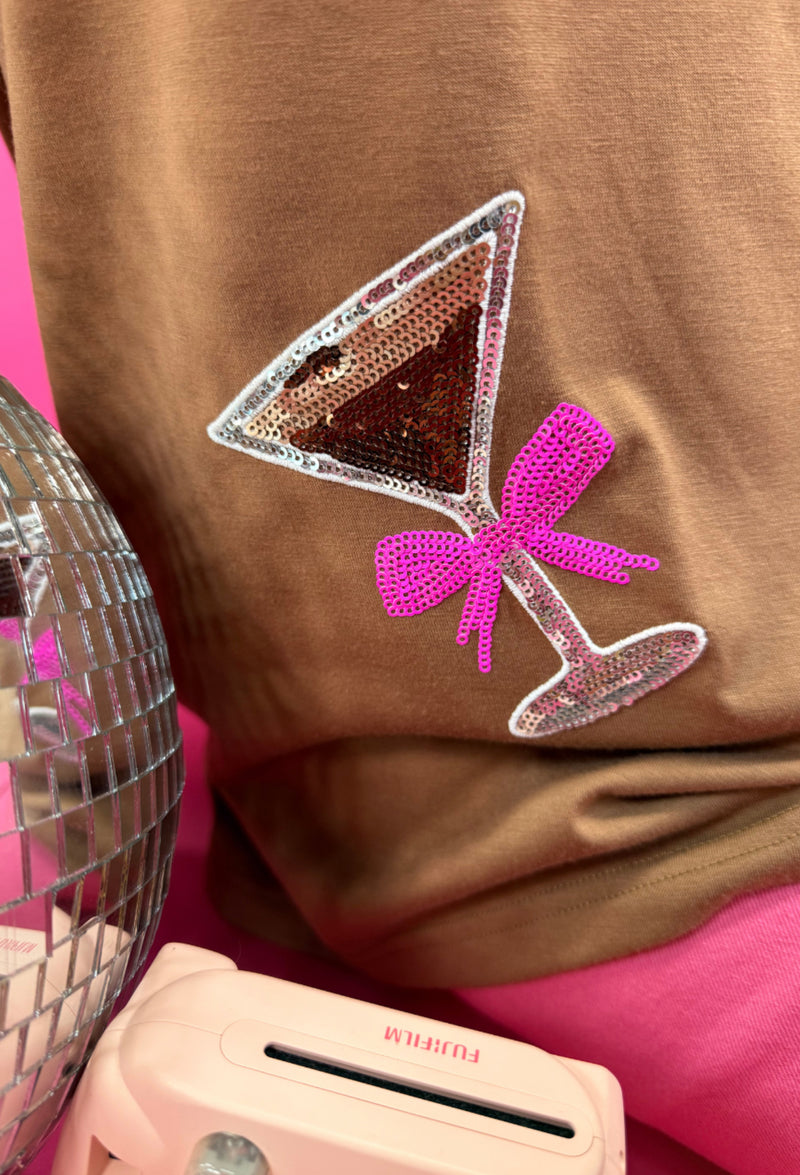 Brown & Pink Espresso Sequin Martini Glass Oversized Short Sleeve Tshirt Top