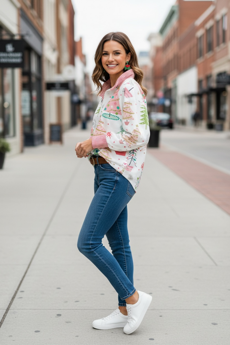 White Multicolor Christmas Trees Contrast Stripe Christmas Top