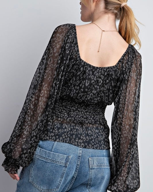 Black Pleated Shiny Peplum Long Sleeve Elastic Neckline