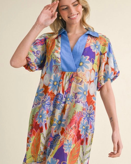 Multicolor Floral Print Contrast Open Collar Short Puff Sleeve Dress