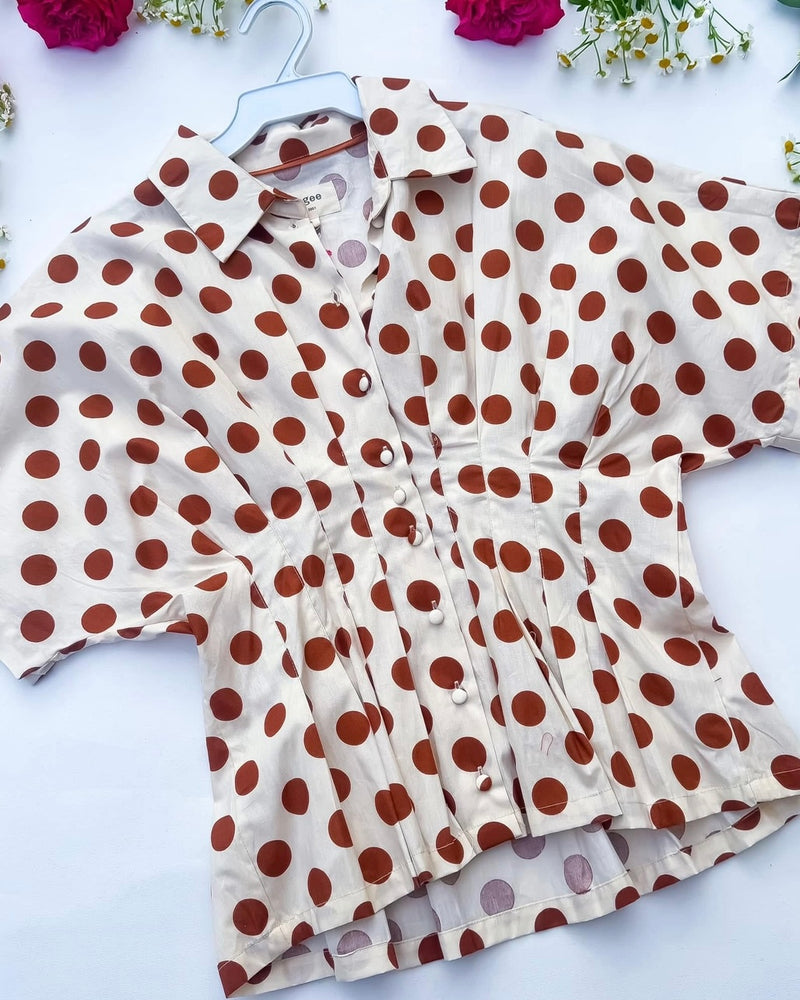 Cream & Brown Polka Dot Gathered Short Sleeve Collared Shirt