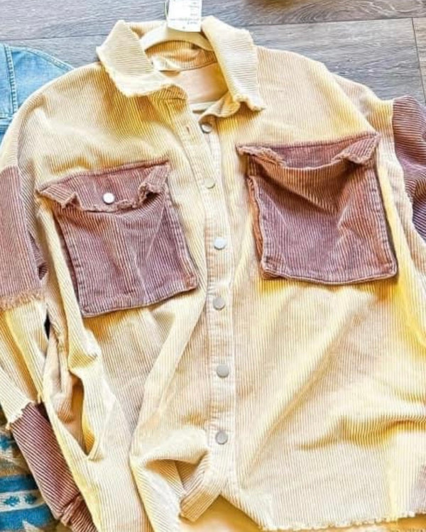 Cream & Brown Corduroy Color Block Button Down Fray Edge Front Pocket Shacket Shirt