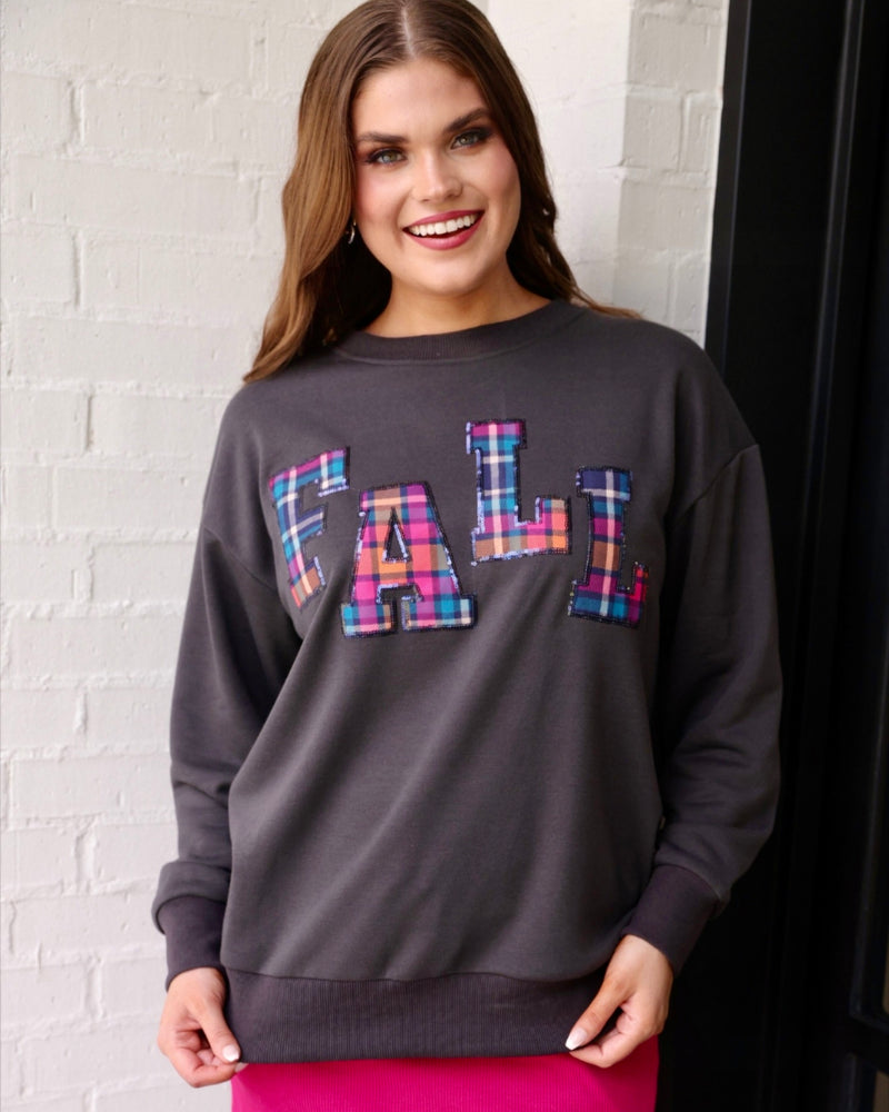 "Fall" Dark Gray Plaid Patch Pullover Sweatshirt Top