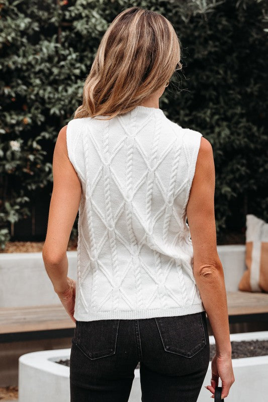 White Cable Knit Pearl Embellished Sleeveless Sweater Top