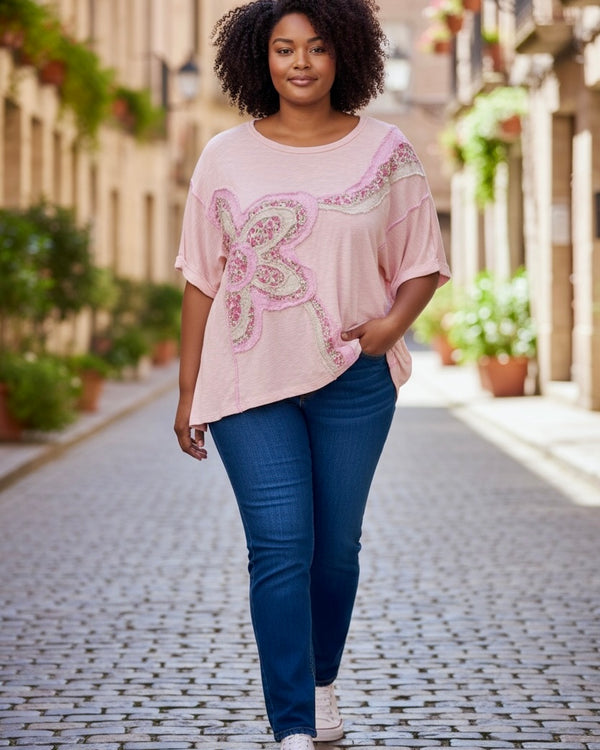 Boho Peach Pink Flower Patch Short Drop Shoulder Sleeve Top