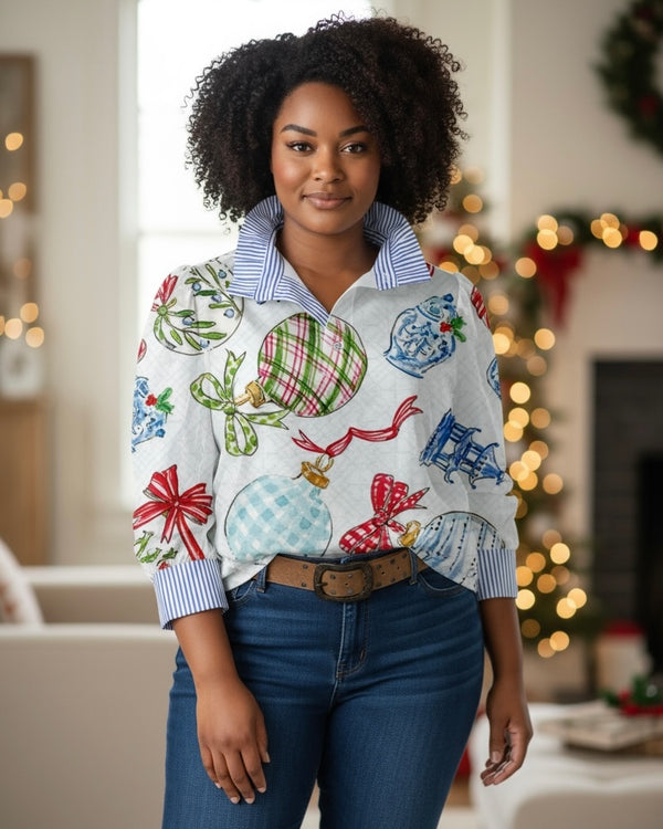 White Multicolor Christmas Balls Contrast Stripe Christmas Top