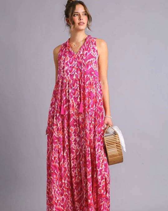 Magenta Pink Tiered Print Abstract Halter Neck Tie Sleeveless Maxi Sundress