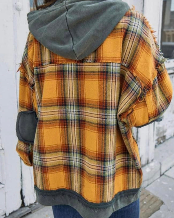 Pumpkin Spice & Brown Plaid Snap Front Long Sleeve Shacket