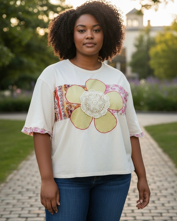 Plus Size Light Blush Yellow Flower Patch Boho Short Sleeve Top
