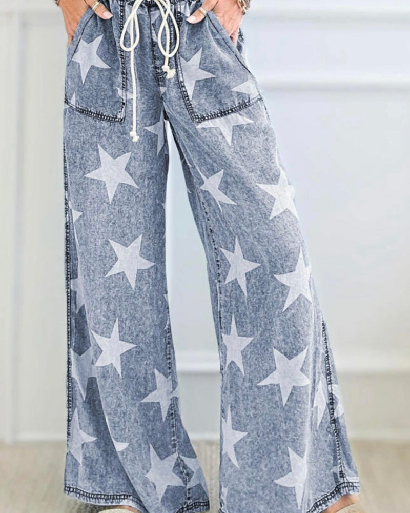 Lightweight Blue Denim Star Print Wide Leg High Waist Drawstring Jean Pant