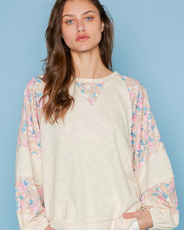 Cream Round Neck Long Sleeve Floral Block Light Pullover Top