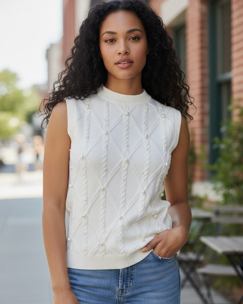 White Cable Knit Pearl Embellished Sleeveless Sweater Top
