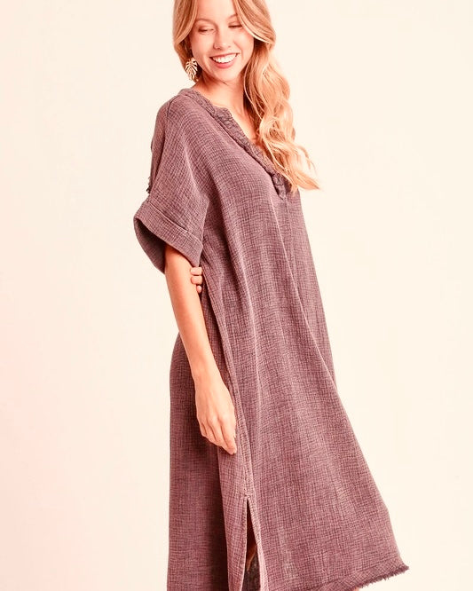 Plus Size Camel Brown Short Cap. Sleeve Open VNeck Gauze Fray Hem Midi Dress