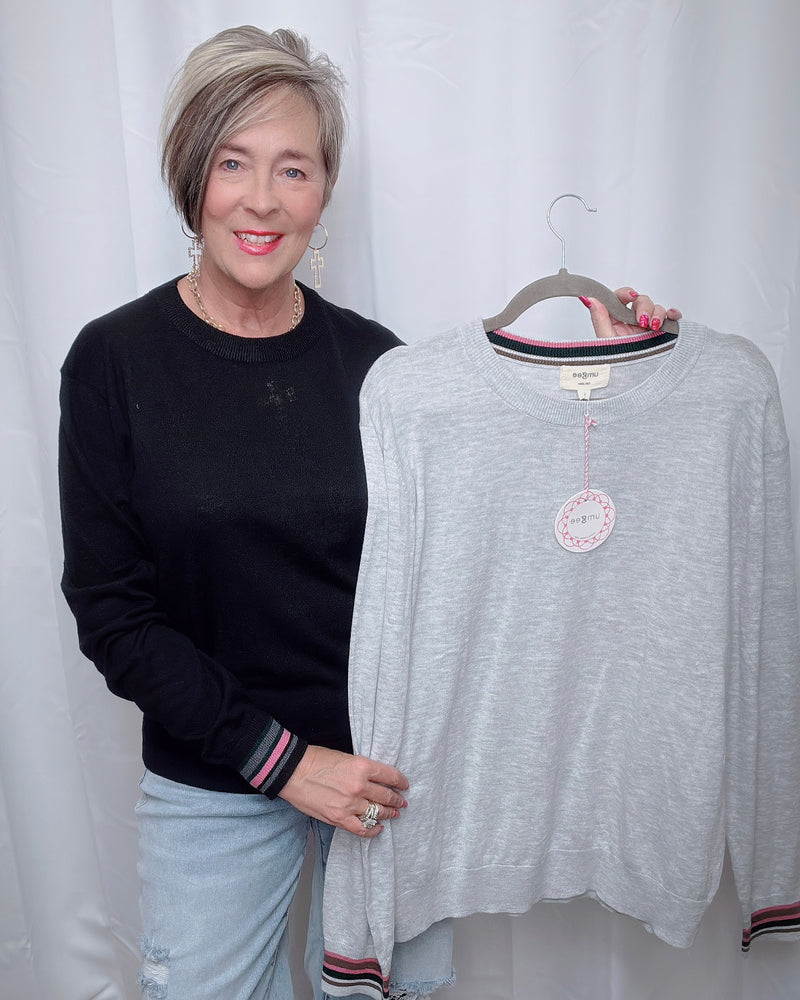 Solid Black or Gray Color Trim Lightweight Long Sleeve Sweater Knit Top