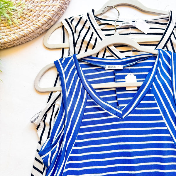 Blue w/White or White w/Black Stripe Sleeveless Hi Lo Tunic